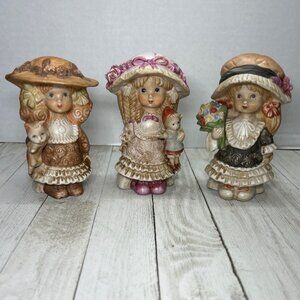 Vintage Porcelain Cute Little Figurine Girls with Hat Home Decor - Set Of 3